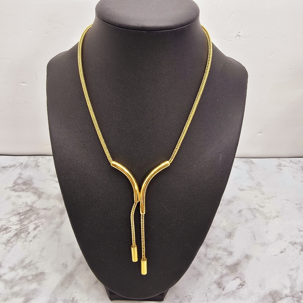 Vintage Monet Gold Tone Necklace Dangle Tassle Front Design